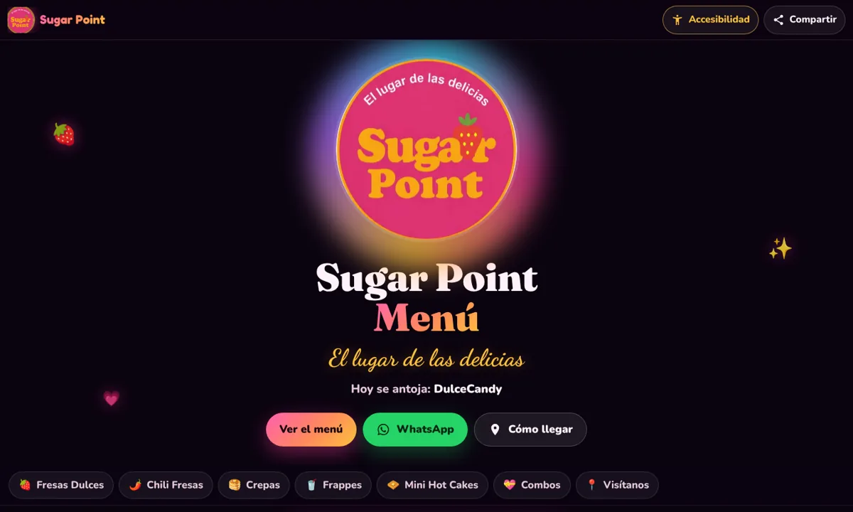 El nuevo sitio de Sugar Point en una computadora: fondo oscuro con destellos rosas, el logotipo, el título del menú, el buscador y las secciones de postres.