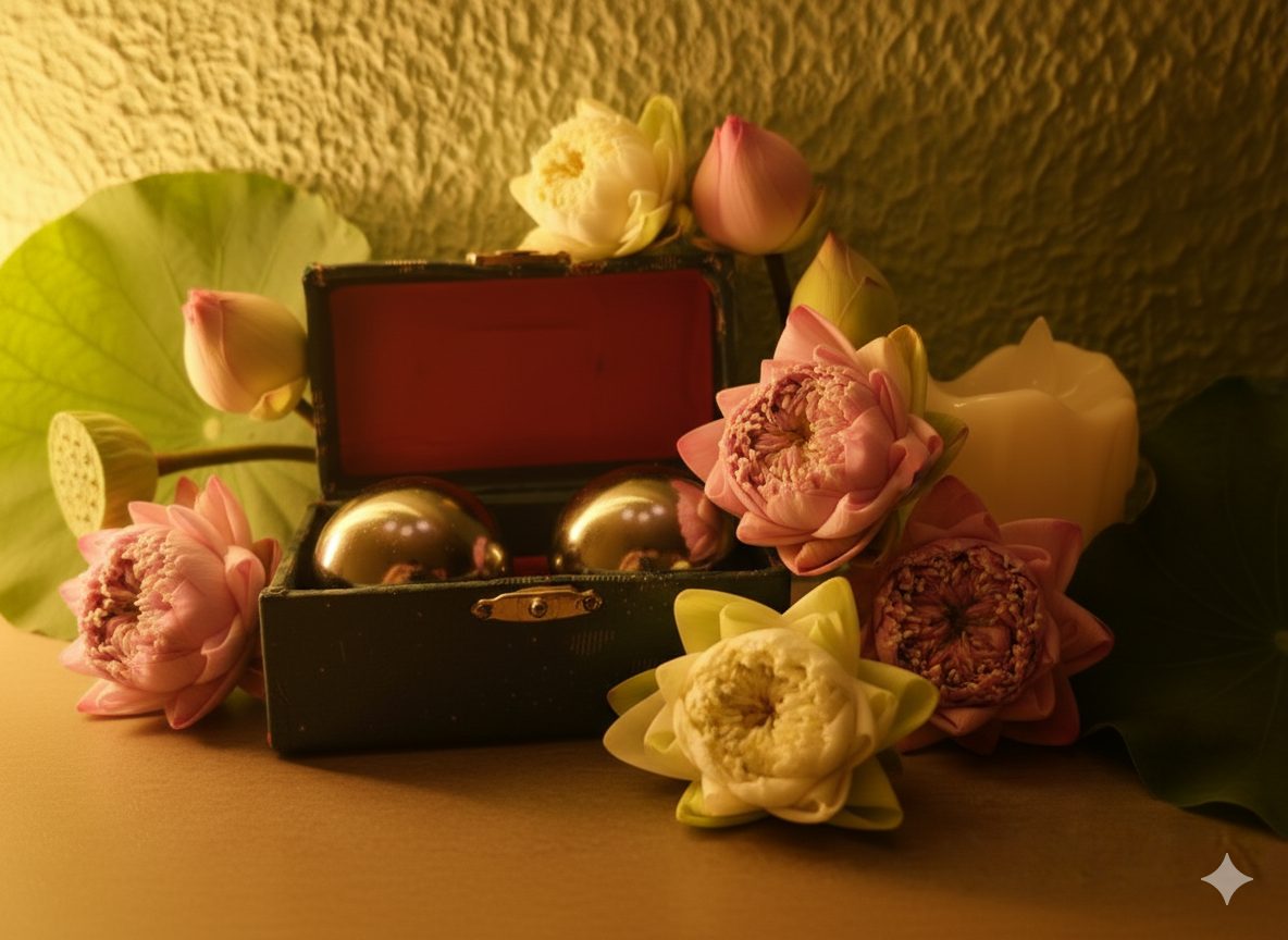 Esferas chinas doradas en un estuche rojo, rodeadas de flores de loto: portada de la playlist de Sonoterapia de Valtara.