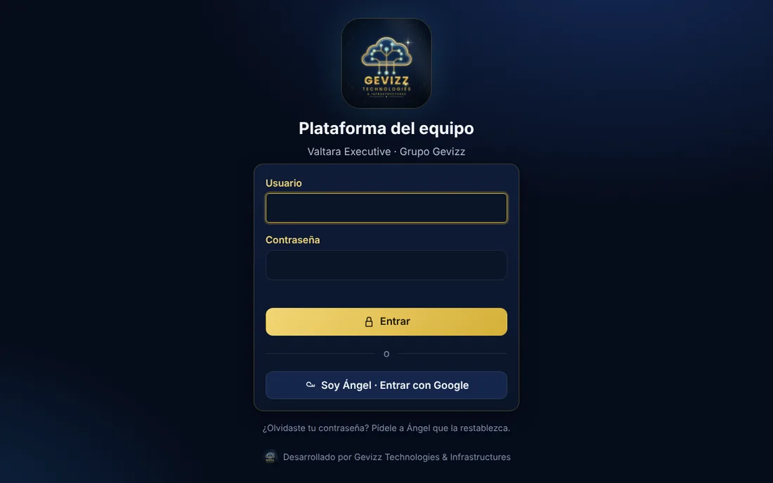 Pantalla de acceso de la plataforma del equipo con campos de usuario y contraseña, botón Entrar y acceso para el administrador.