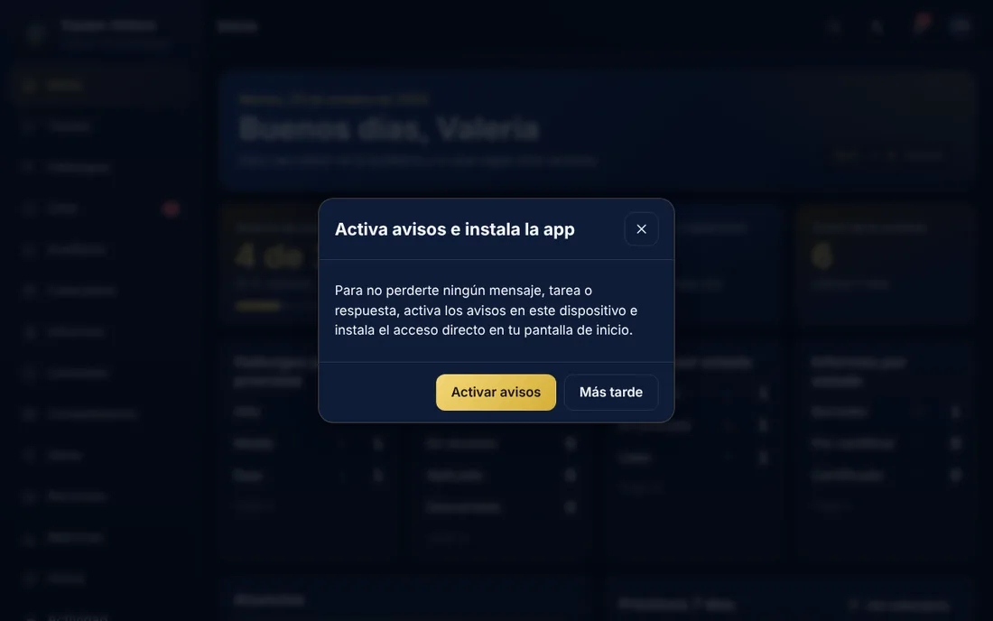Ventana emergente «Activa avisos e instala la app» con los botones Activar avisos y Más tarde.