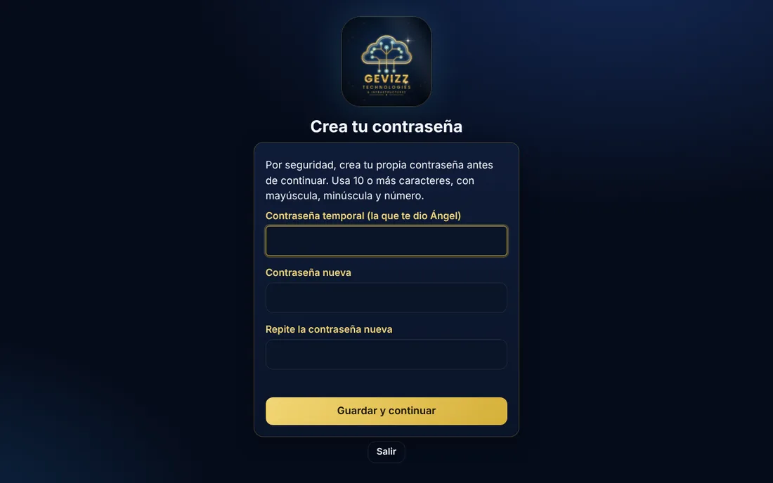 Pantalla «Crea tu contraseña» con campos para la contraseña temporal, la nueva y su confirmación.