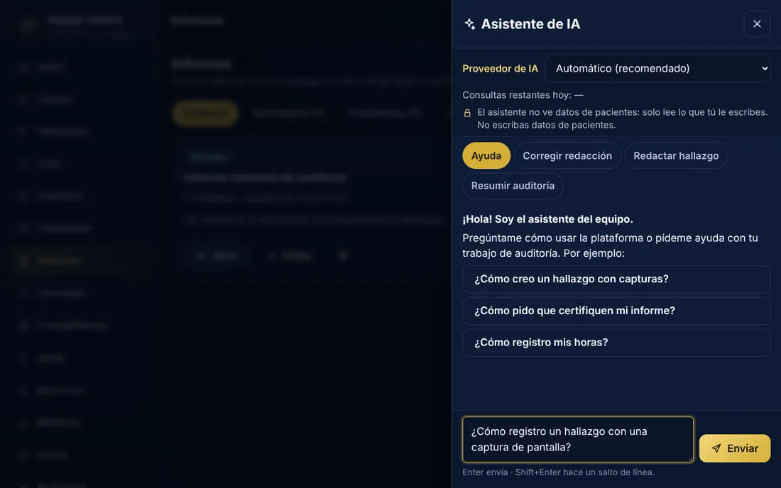 Panel del asistente de IA con pestañas de ayuda, corrección de redacción, redacción de hallazgos y resumen de auditoría.