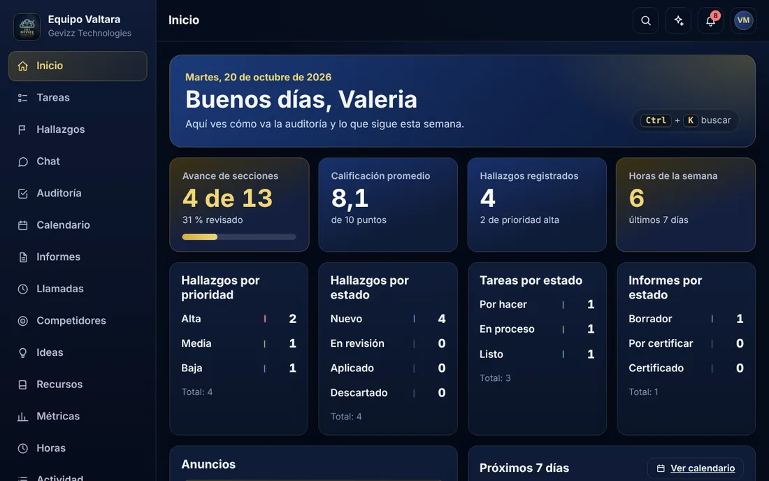 Pantalla de inicio con saludo, tarjetas de avance de secciones, calificación promedio, hallazgos y horas de la semana.
