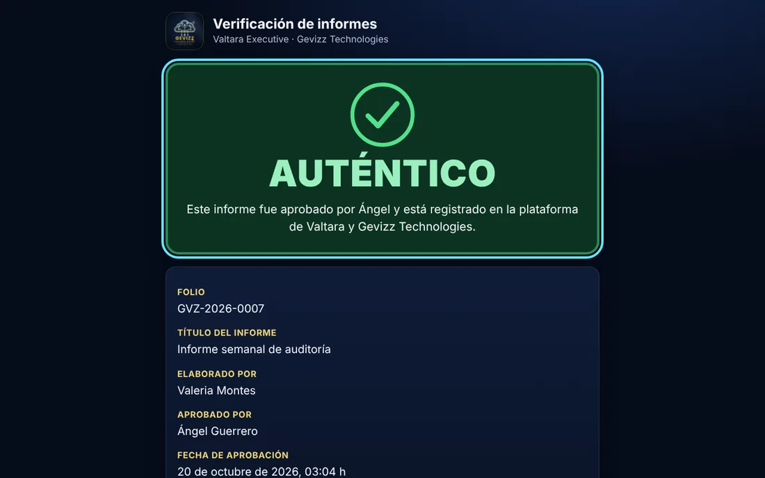 Pantalla pública de verificación con el resultado «Auténtico» y los datos del informe: folio, título, autora, aprobación y fecha.