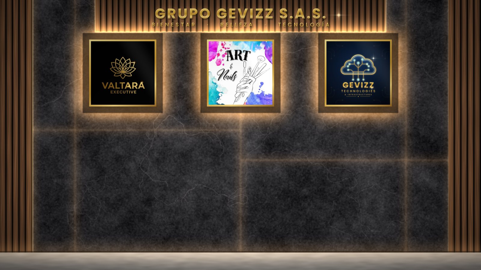 Warm-lit black marble wall with wooden slats, a gold sign reading GRUPO GEVIZZ S.A.S. — Wellness · Beauty · Technology — and three gold-framed panels: the Valtara Executive logo (gold lotus flower on black), the Art & Nails logo (magenta and turquoise watercolor with a hand holding manicure tools) and the Gevizz Technologies & Infrastructures logo (gold circuit cloud on navy).