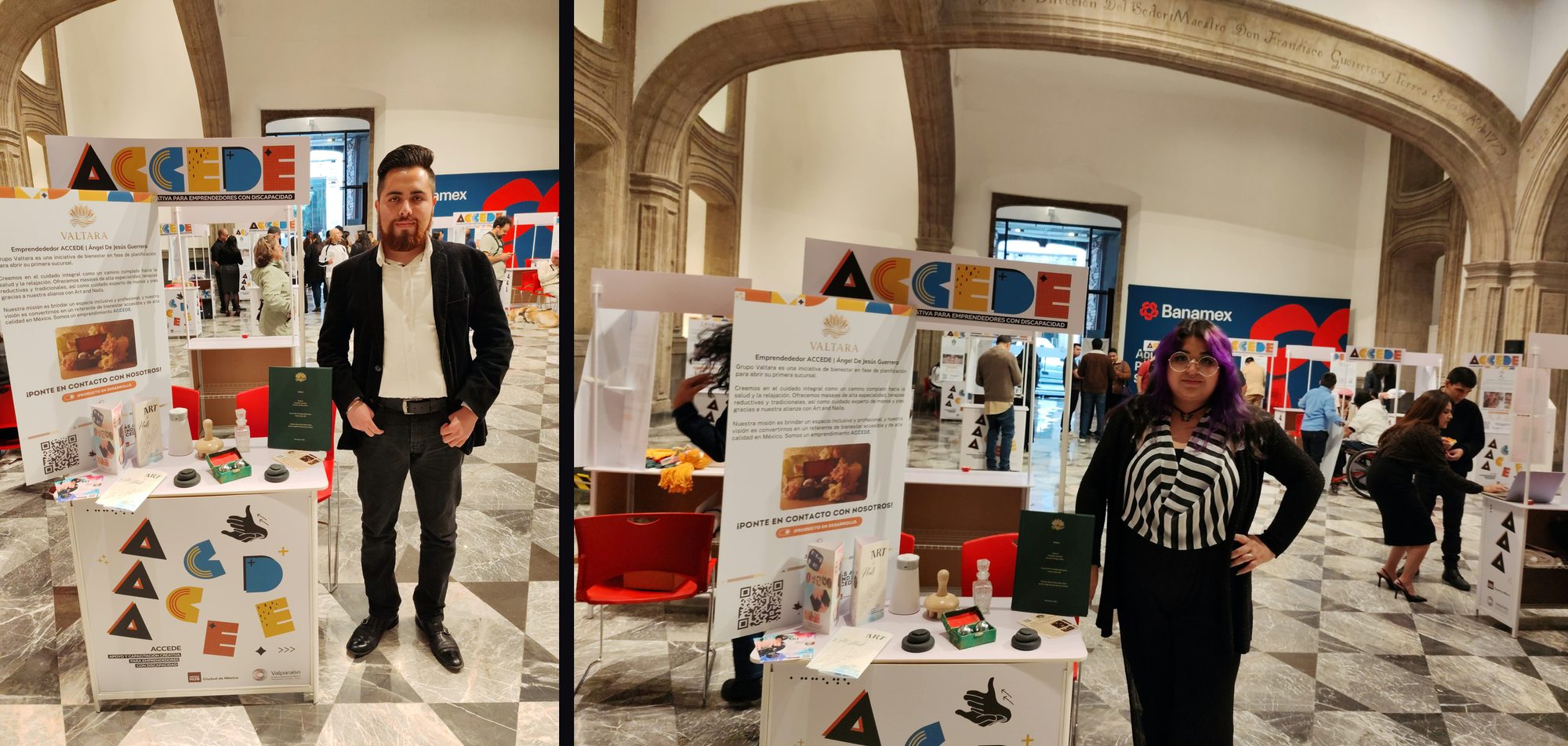 Dos fotografías del estand de Valtara en ACCEDE, una junto a otra: a la izquierda, Ángel de Jesús Guerrero Vizzuett; a la derecha, la Master Manicurista de Art & Nails. El estand, el cartel y los objetos de la mesa son los mismos en ambas.