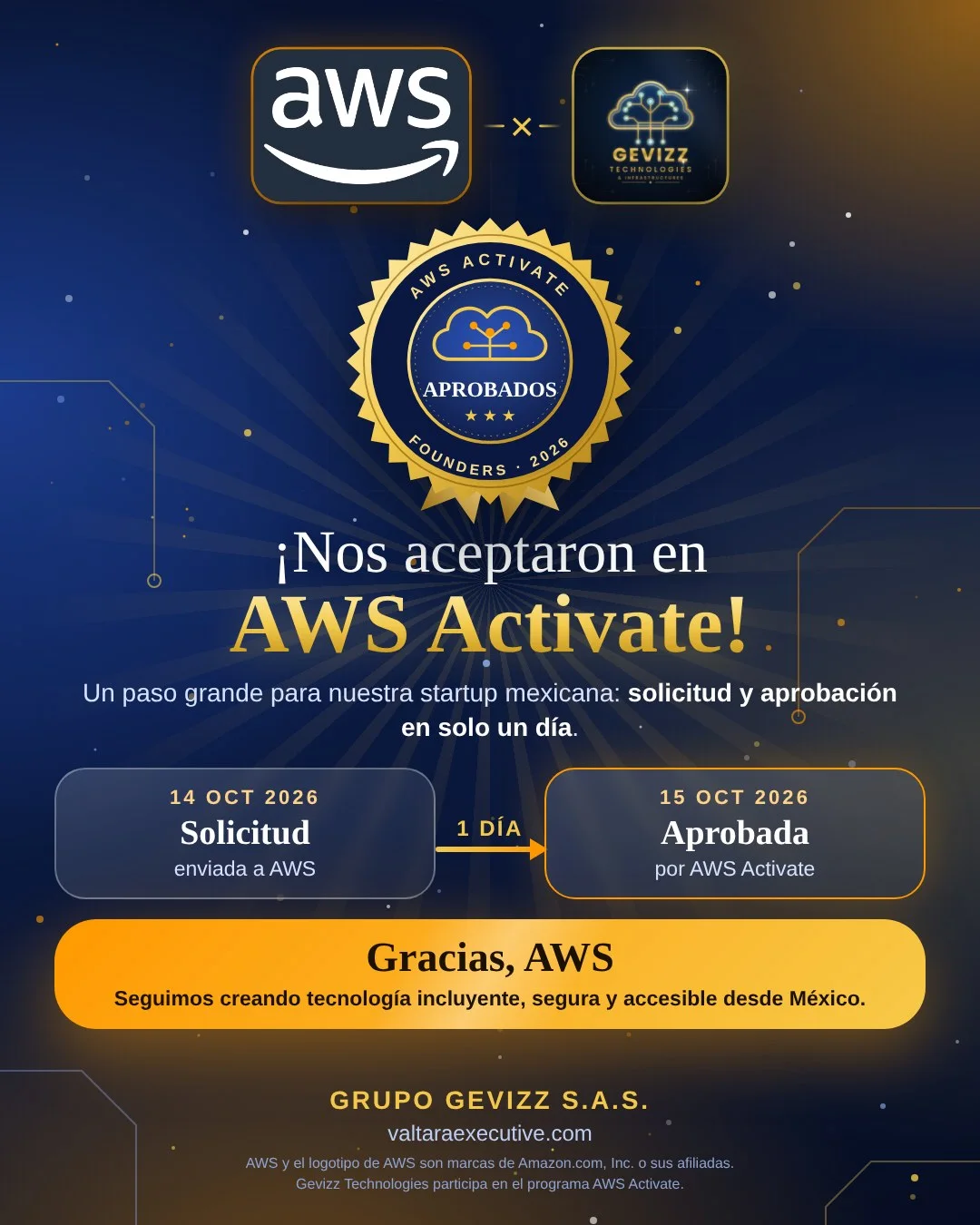 Imagen conmemorativa con los logotipos de AWS y de Gevizz Technologies, un sello dorado de AWS Activate Founders 2026 y el texto Nos aceptaron en AWS Activate, con la solicitud del 14 de octubre y la aprobación del 15 de octubre de 2026.