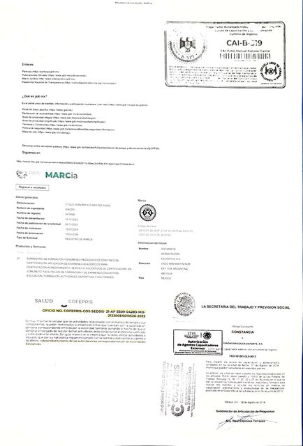 Anexo 1 de 5: búsqueda de marca en el portal MARCia del IMPI del Título Honorífico Master SISAE, a nombre del Sistema de Acreditación Educativa A.C.; credencial de capacitador autorizado CAI-B-519; oficio de COFEPRIS y constancia de la Secretaría del Trabajo y Previsión Social a la Fundación Educa Deporte A.C. como agente capacitador externo.