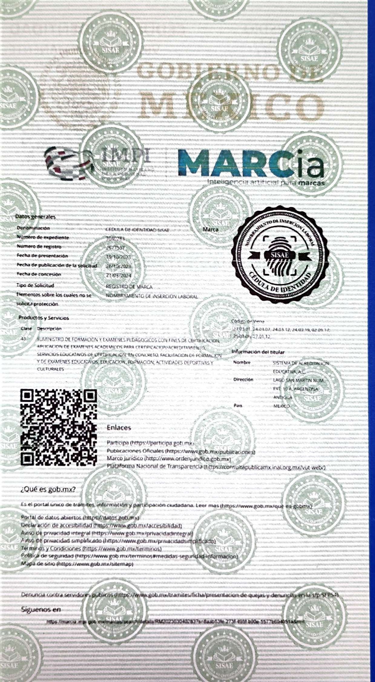 Anexo 2 de 5: búsqueda de marca en MARCia del IMPI de la Cédula de Identidad SISAE, a nombre del Sistema de Acreditación Educativa A.C., con código QR y enlaces de gob.mx.