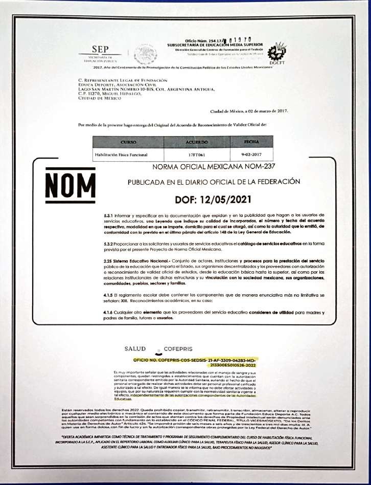 Anexo 3 de 5: oficio de la Subsecretaría de Educación Media Superior sobre el acuerdo del curso Habilitación Física Funcional 17FT061 del 9 de febrero de 2017; extracto de la Norma Oficial Mexicana NOM-237 publicada en el Diario Oficial de la Federación el 12 de mayo de 2021; y oficio de COFEPRIS.