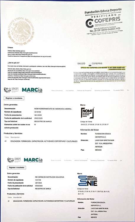 Anexo 4 de 5: registros de marca en MARCia del IMPI a nombre de la Fundación Educa Deporte A.C. y aviso de verificación de COFEPRIS.
