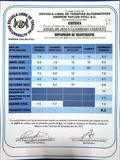 Certificado de la Escuela Libre de Terapias Alternativas Andrew Taylor Still: Angel de Jesus Guerrero Vizzuett presentó y aprobó el Diplomado de Masoterapia, generación 2025. Tabla de calificaciones por mes de febrero a octubre de 2025, portafolio de evidencias 10, práctica con paciente 9.5, examen final 7.3 y promedio final 8.2. Expedido en Ecatepec de Morelos, Estado de México, el 5 de diciembre de 2025, con dos firmas.