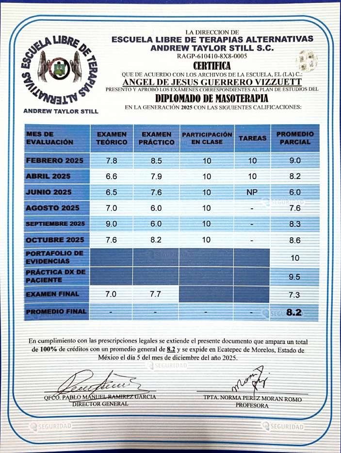 Certificado de la Escuela Libre de Terapias Alternativas Andrew Taylor Still: Angel de Jesus Guerrero Vizzuett presentó y aprobó el Diplomado de Masoterapia, generación 2025. Tabla de calificaciones por mes de febrero a octubre de 2025, portafolio de evidencias 10, práctica con paciente 9.5, examen final 7.3 y promedio final 8.2. Expedido en Ecatepec de Morelos, Estado de México, el 5 de diciembre de 2025, con dos firmas.