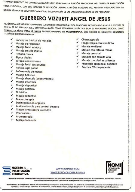 Temario didáctico a nombre de Guerrero Vizzuett Angel de Jesus, que finalizó el curso de Habilitación Física Funcional como Terapeuta Físico para la Salud profesionalizado en Masoterapia. Lista con marcas de verificación de 33 temas: conceptos básicos de masajes, masaje de relajación, facial estético, en silla shiatsu, historia clínica, signos vitales, terapia con ventosas, facial terapéutico, reflexología podal y de manos, masaje holístico, shantala, ayurveda, deportivo, linfático, nutrición, masaje reductivo, maderoterapia, desintoxicación orgánica, auriculoterapia, tratamiento contra la celulitis, vendas frías, aromaterapia, masaje tailandés, chocolaterapia, fangoterapia con vino tinto, lomi lomi, esferas chinas, masaje prenatal, cera de vela, piedras calientes, psicología aplicada al paciente y práctica DX con paciente.