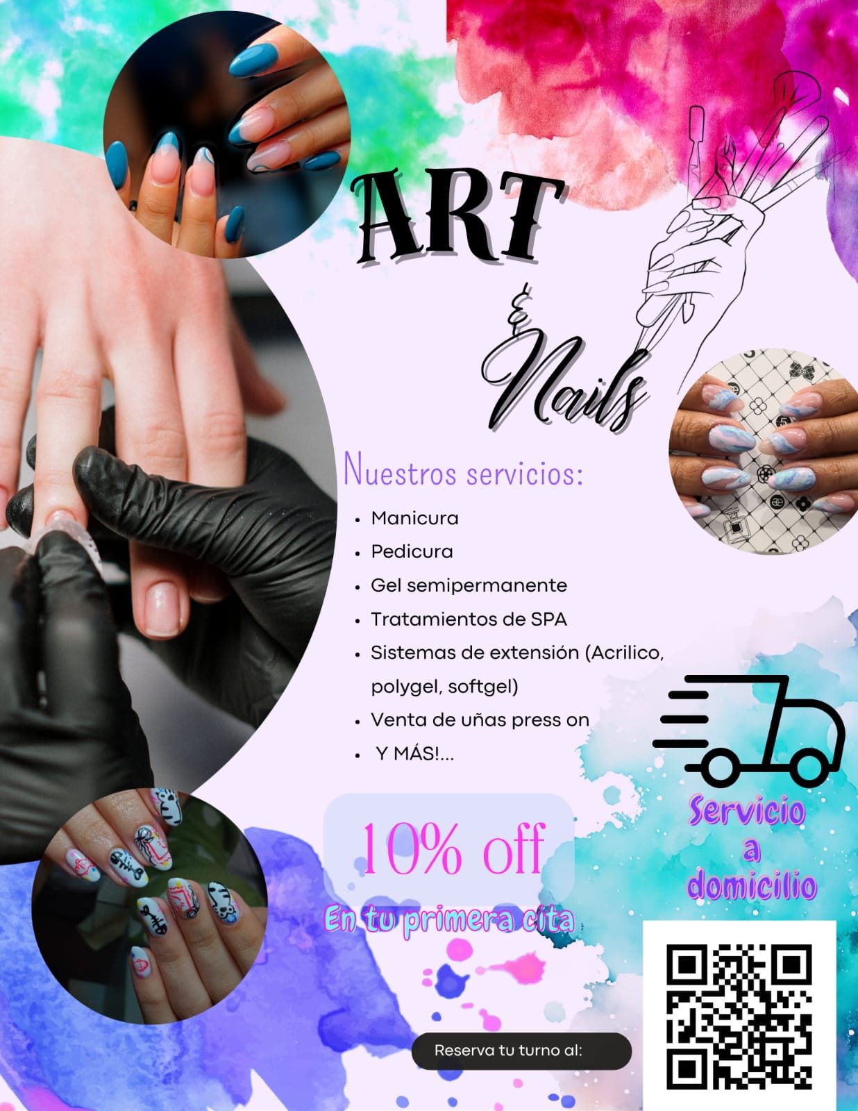 Volante de Art & Nails con fotos de diseños de uñas: manicura, pedicura, gel semipermanente, tratamientos de spa, sistemas de extensión (acrílico, polygel, softgel), venta de uñas press on y más. 10% off en tu primera cita. Servicio a domicilio.