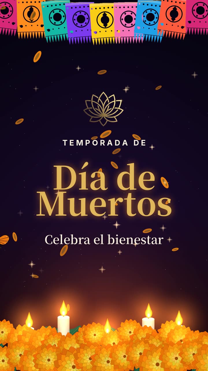 Video de la Temporada de Día de Muertos de Valtara: papel picado de colores, velas encendidas, flores de cempasúchil y mariposas monarca sobre un fondo morado oscuro. Aparecen los textos: Temporada de Día de Muertos, celebra el bienestar; Una temporada para recordar y para cuidarte; En cada una de nuestras divisiones, Valtara Executive (bienestar ejecutivo) y Art & Nails (manicura de autor), con descuento de temporada; Descuentos de temporada; y al final el logotipo de Valtara Executive con Agenda tu cita, valtaraexecutive.com.