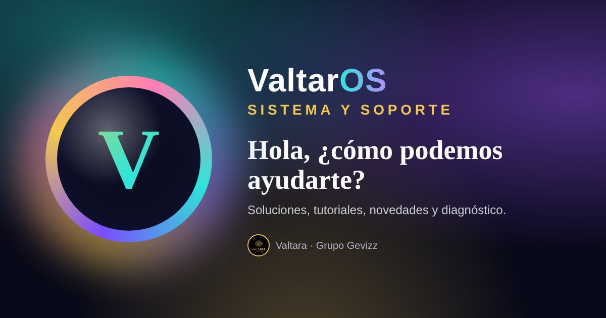 Logotipo de ValtarOS: una esfera con aurora dorada, turquesa y violeta con la letra V al centro, junto al texto Sistema y soporte.