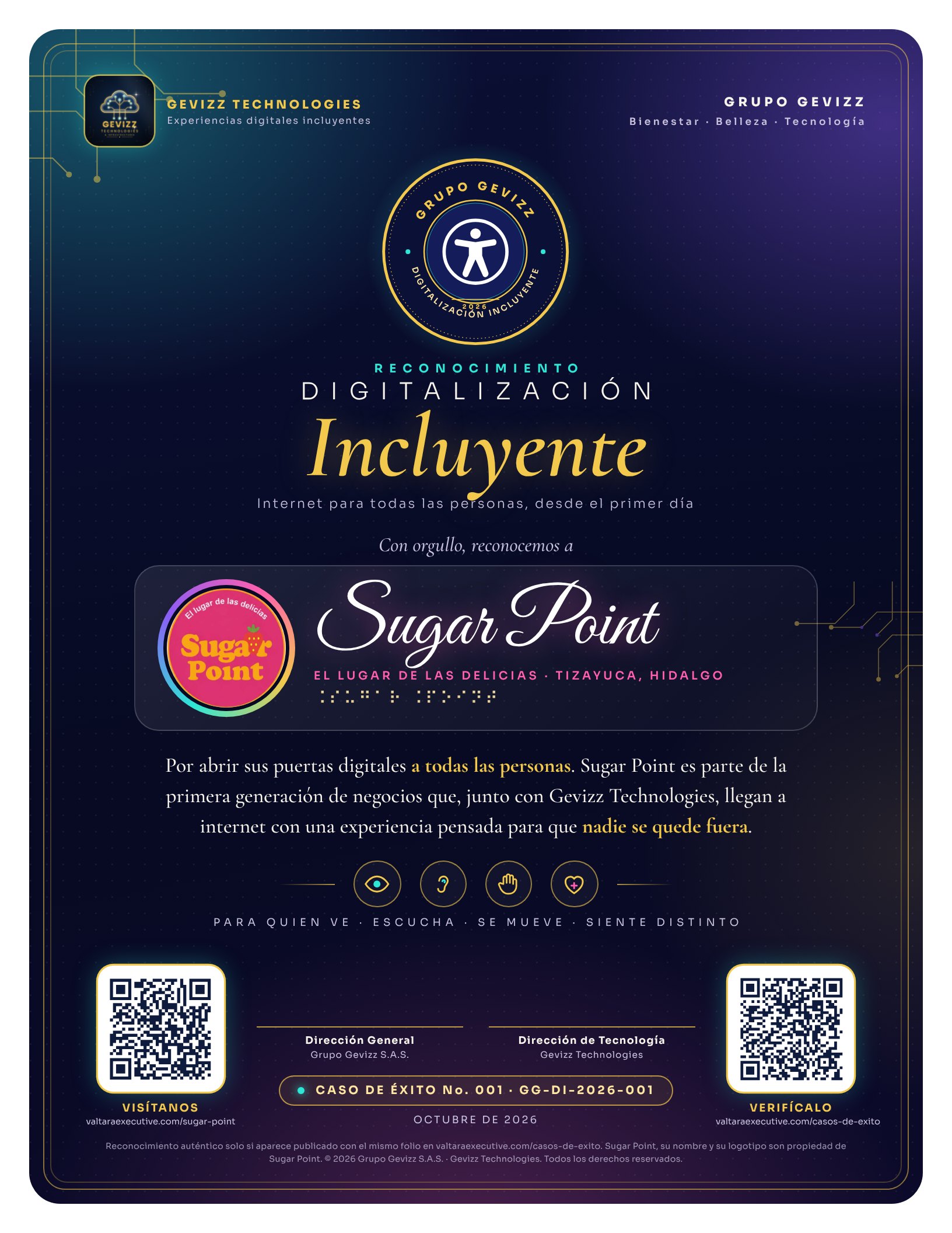 Reconocimiento Digitalización Incluyente otorgado por Grupo Gevizz y Gevizz Technologies a Sugar Point, El lugar de las delicias, Tizayuca, Hidalgo. Dice: Por abrir sus puertas digitales a todas las personas. Sugar Point es parte de la primera generación de negocios que, junto con Gevizz Technologies, llegan a internet con una experiencia pensada para que nadie se quede fuera. Caso de éxito número 001, folio GG-DI-2026-001, octubre de 2026.