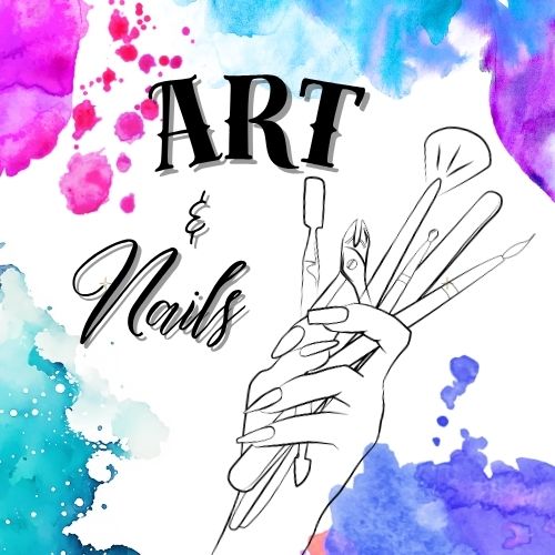 Logotipo de Art and Nails: la palabra 'Art' en tipografía serif elegante con salpicaduras de acuarela en tonos magenta y turquesa, la palabra 'Nails' en escritura cursiva debajo, y junto a ambas el dibujo lineal de una mano sosteniendo herramientas profesionales de manicura — lima, alicate de cutícula, pincel y espátula — sobre un fondo de acuarela morada y turquesa. Título: Art and Nails. Subtítulo: División Estética Integral de Valtara Executive.